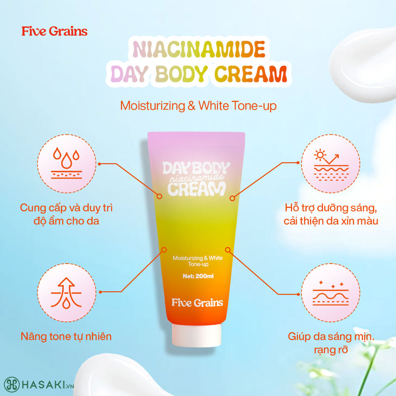 Sữa Dưỡng Thể Five Grains Niacinamide Day Body Cream - Moisturizing & White Tone-Up Ban Ngày 200ml