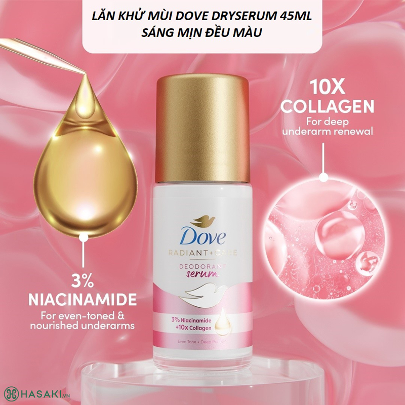 Lăn Ngăn Mùi Dove Deodorant Serum 3% Niacinamide + 10X Collagen Tinh Chất Serum Sáng Mịn Đều Màu 45ml 