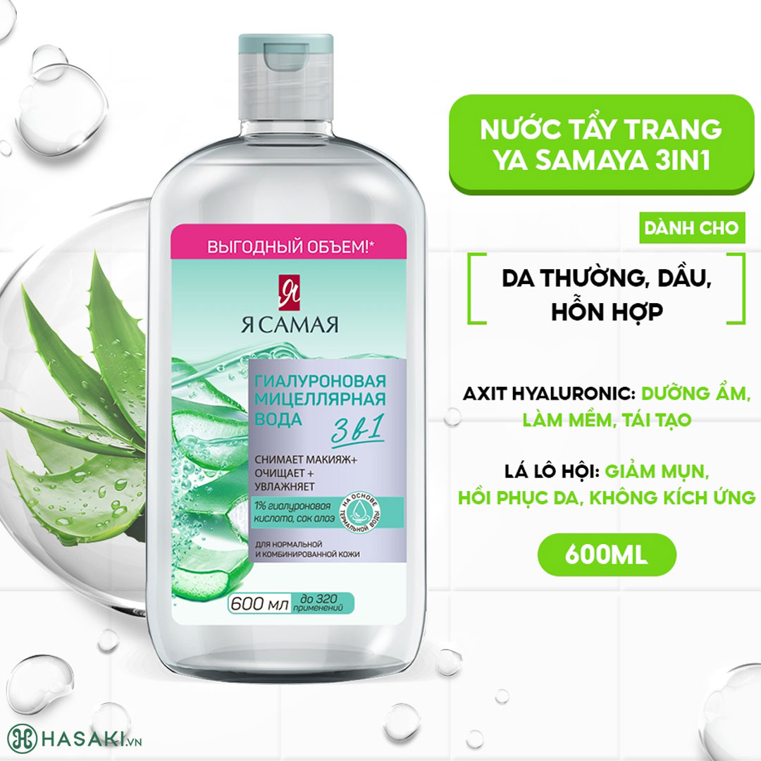 Nước Tẩy Trang Ya Samaya Hyaluron Micellar Water Lô Hội Cho Da Thường, Da Dầu