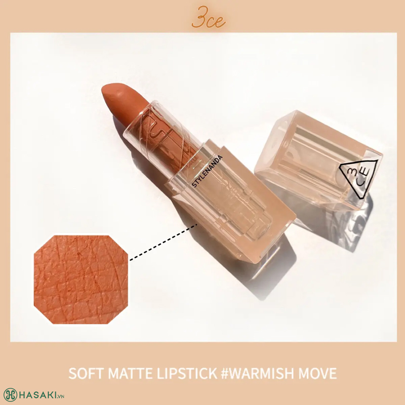 Son Thỏi 3CE Soft Matte Lipstick (Warm&Cool Edition) Vỏ Trong Màu Lì Warmish Move - Cam Be 3.5g