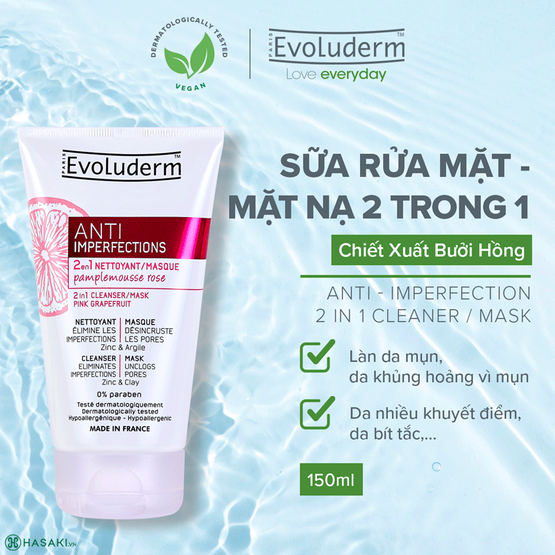 Sữa Rửa Mặt & Mặt Nạ Evoluderm Anti-Imperfections 2-in-1 Cleanser/Mask Pink Grapefruit Chiết Xuất Bưởi Hồng 150ml 