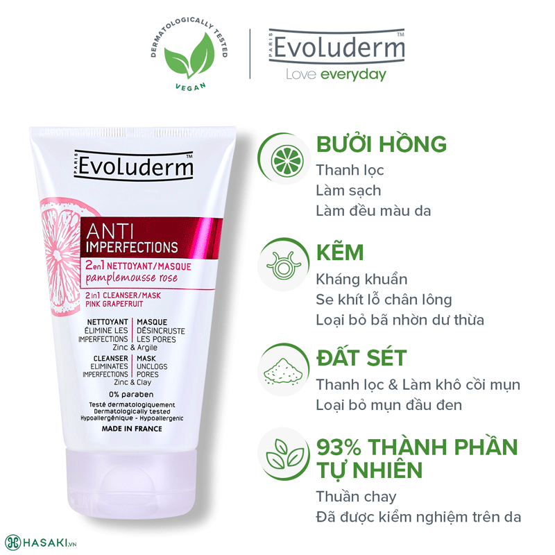 Sữa Rửa Mặt & Mặt Nạ Evoluderm Anti-Imperfections 2-in-1 Cleanser/Mask Pink Grapefruit Chiết Xuất Bưởi Hồng