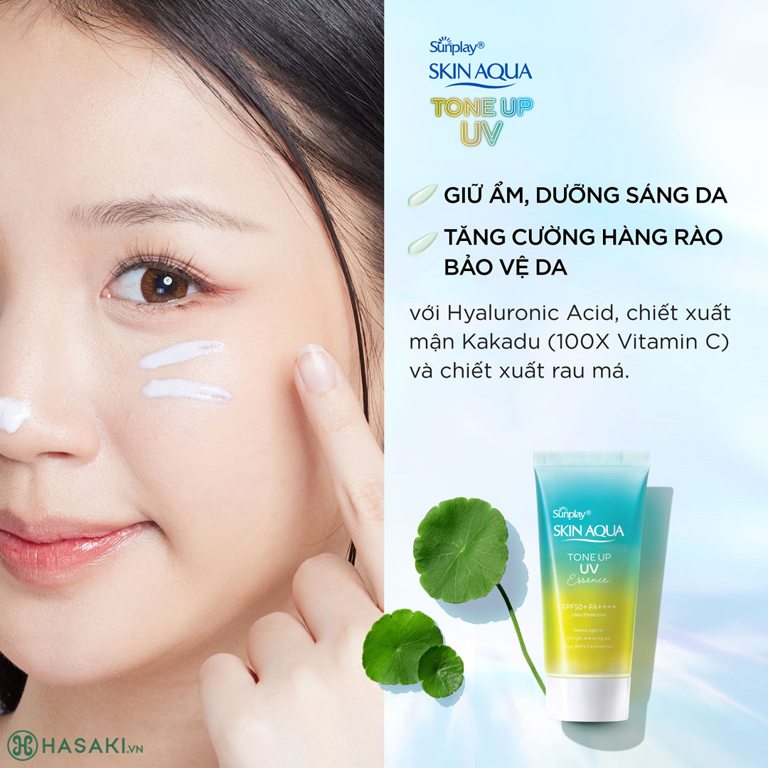 Tinh Chất Chống Nắng Sunplay Skin Aqua Tone Up UV Essence Mint Green SPF50+ PA++++ giúp giúp hiệu chỉnh các khuyết điểm & vùng da ửng đỏ, nâng tông da sáng trong veo.