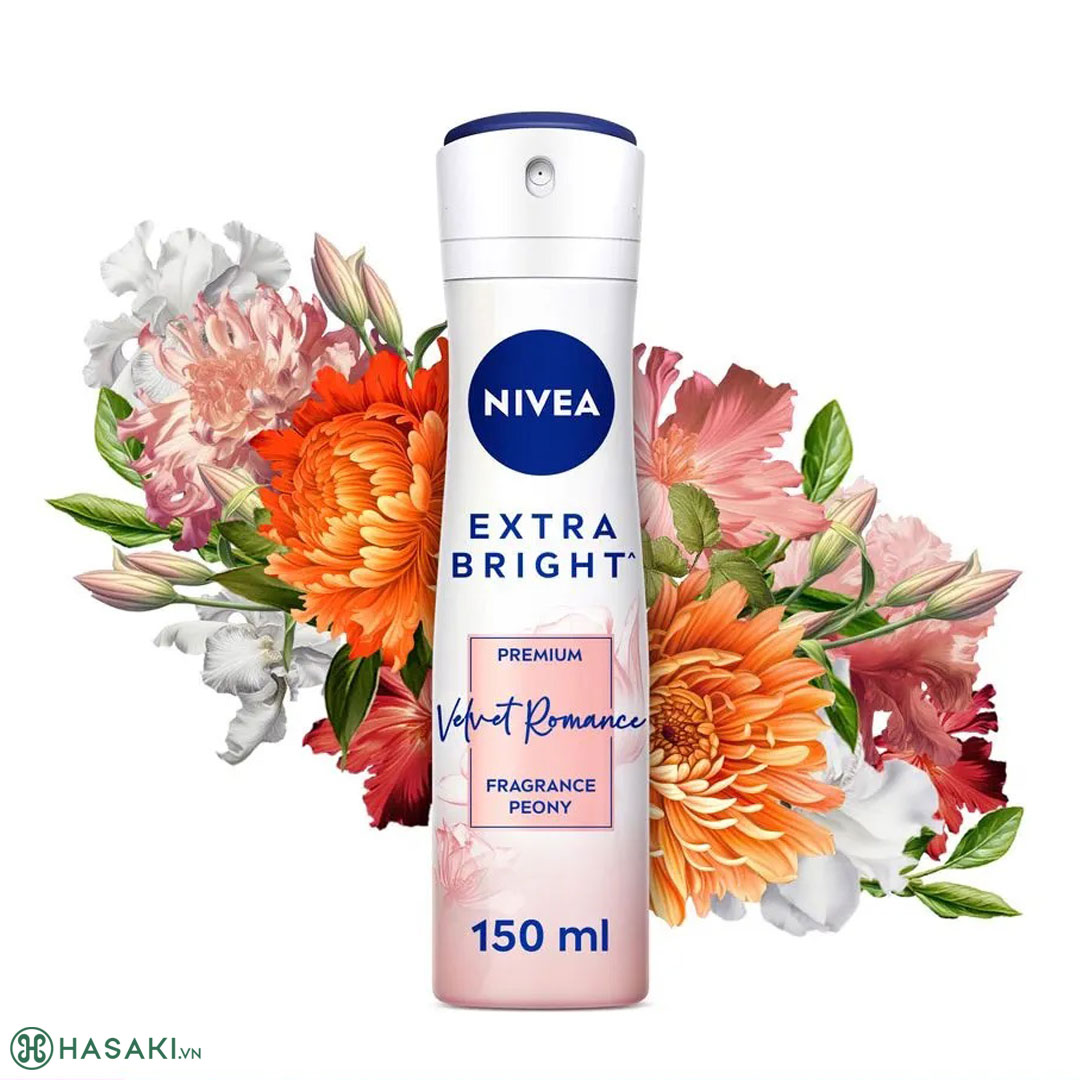 Xịt Khử Mùi Nivea Extra Bright Premium Fragrance - Velvet Romance (Peony) Hương Hoa Mẫu Đơn 150ml