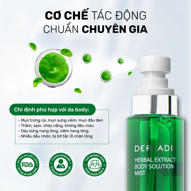Xịt Mụn Lưng Derladie Herbal Extract Body Solution Mist Mờ Thâm, Giảm Viêm Nang Lông 150ml 