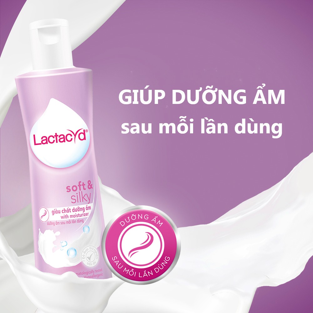 Dung Dịch Vệ Sinh Phụ Nữ Lactacyd Soft & Silky giúp dưỡng ẩm sau mỗi lần dùng.