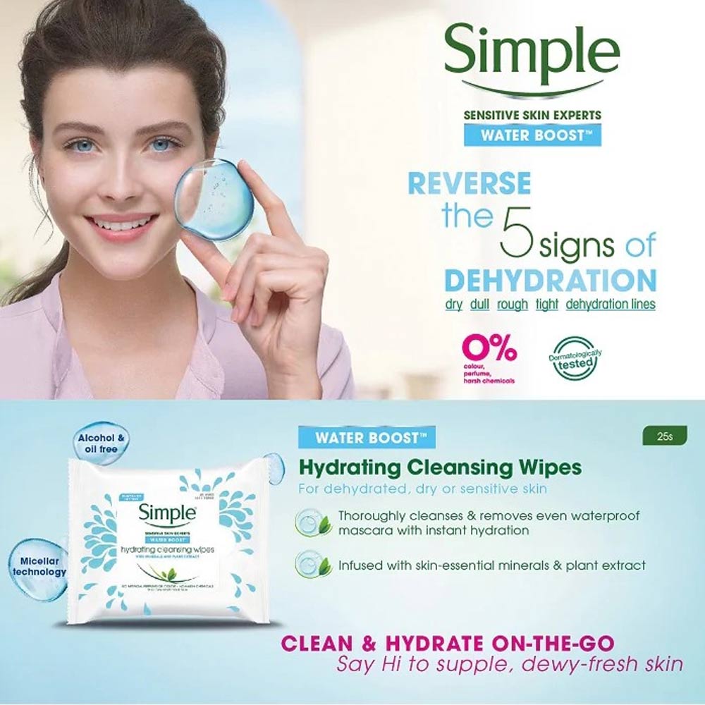 Khăn Giấy Tẩy Trang Simple Water Boost Hydrating Cleansing Wipes Removes Makeup 25 Miếng