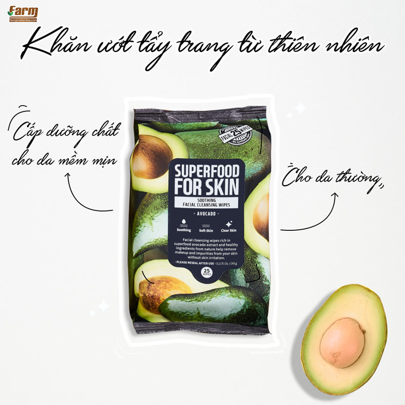 Khăn Ướt Tẩy Trang Farmskin Từ Quả Bơ Làm Mềm Mịn Da Superfood For Skin Cleansing Wipes – Avocado 25 tờ