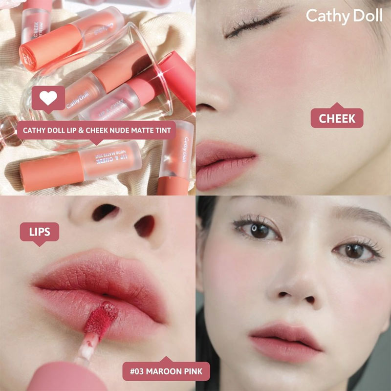 Test màu Son Kem Và Má Hồng Cathy Doll Lip & Cheek Nude Matte Tint 3.5g 